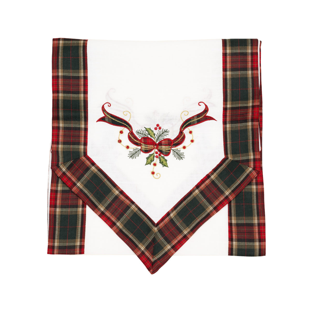 Fata de Masa Festiva tip Runner, Material In Brodat cu Motive Fundita de Craciun, Design Elegant pentru Sarbatori, Alb, 180 x 40 cm