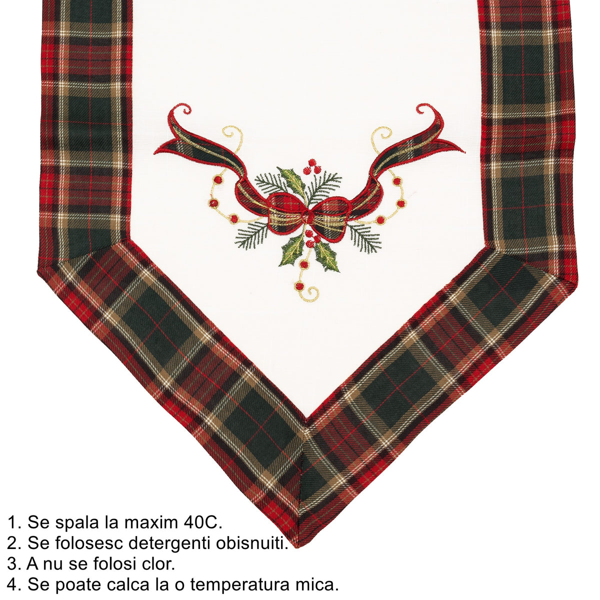 Fata de Masa Festiva tip Runner, Material In Brodat cu Motive Fundita de Craciun, Design Elegant pentru Sarbatori, Alb, 180 x 40 cm