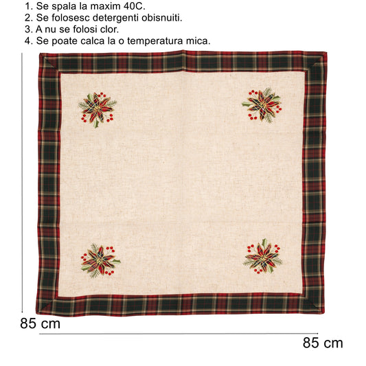 Fata de Masa Craciun, Material In Brodat cu Motive Florale Festive, Design Elegant de Iarna, Crem, 85 x 85 cm