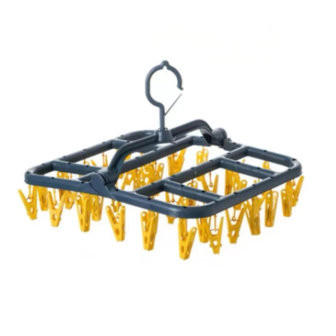 Uscator de Rufe Suspendat cu 40 Carlige, Rotire 360 Grade si Protectie Vant, Suport Pliabil pentru Sosete si Lenjerie, Plastic, 36 x 24 cm, Albastru/Galben