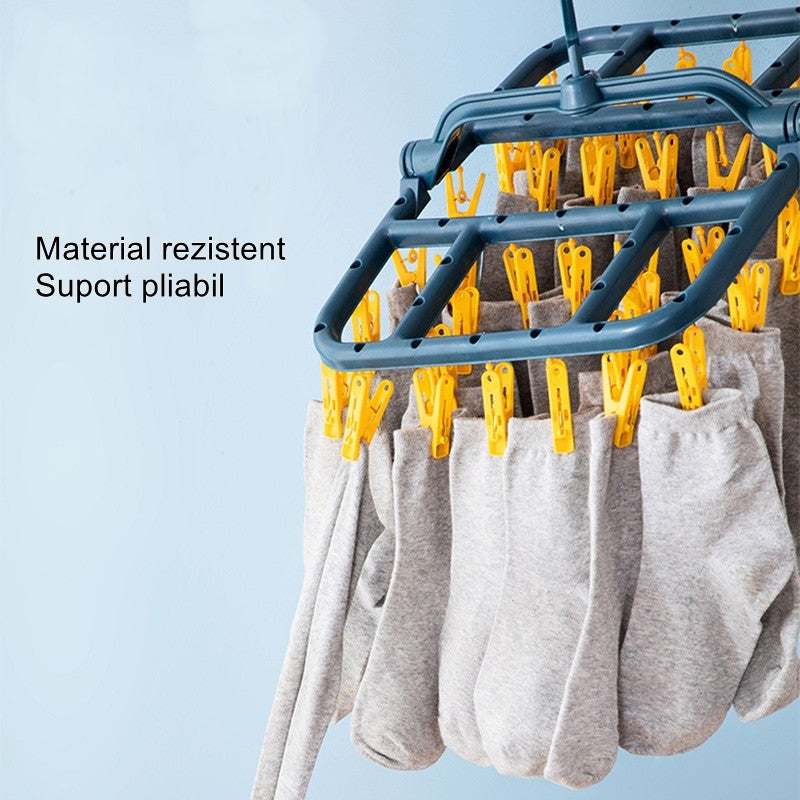 Uscator de Rufe Suspendat cu 40 Carlige, Rotire 360 Grade si Protectie Vant, Suport Pliabil pentru Sosete si Lenjerie, Plastic, 36 x 24 cm, Albastru/Galben