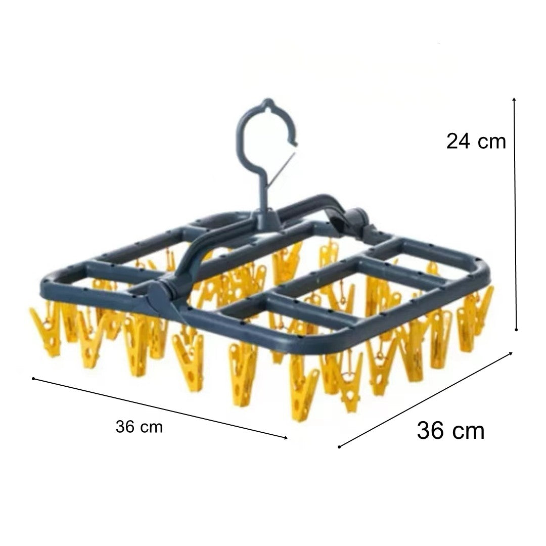 Uscator de Rufe Suspendat cu 40 Carlige, Rotire 360 Grade si Protectie Vant, Suport Pliabil pentru Sosete si Lenjerie, Plastic, 36 x 24 cm, Albastru/Galben