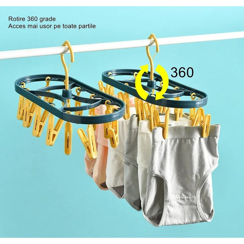 Uscator de Rufe Suspendat, Suport cu 12 Carlige, Rotire 360 Grade si Sistem Protectie Vant, Material Plastic, 30 x 12.5 cm, Albastru/Galben