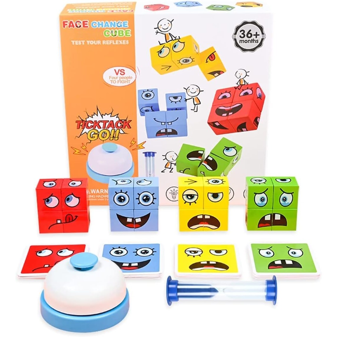 Jucarie Montessori Tip Puzzle Cub Din Lemn, Joc Educativ De Potrivire Expresii Faciale, 16 Cuburi Cu 64 Cartonase, Include Clepsidra Si Clopotel, Multicolor, +3 Ani
