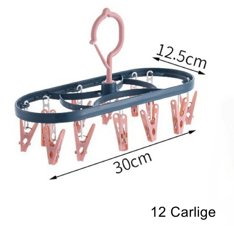 Uscator de Rufe Suspendat, Suport cu 12 Carlige, Rotire 360 Grade si Protectie Vant, Plastic Rezistent, 30 x 12.5 cm, Albastru/Roz