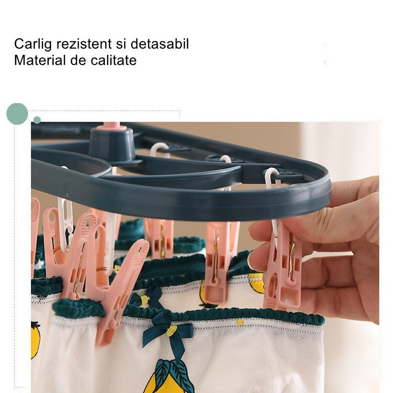 Uscator de Rufe Suspendat, Suport cu 12 Carlige, Rotire 360 Grade si Protectie Vant, Plastic Rezistent, 30 x 12.5 cm, Albastru/Roz