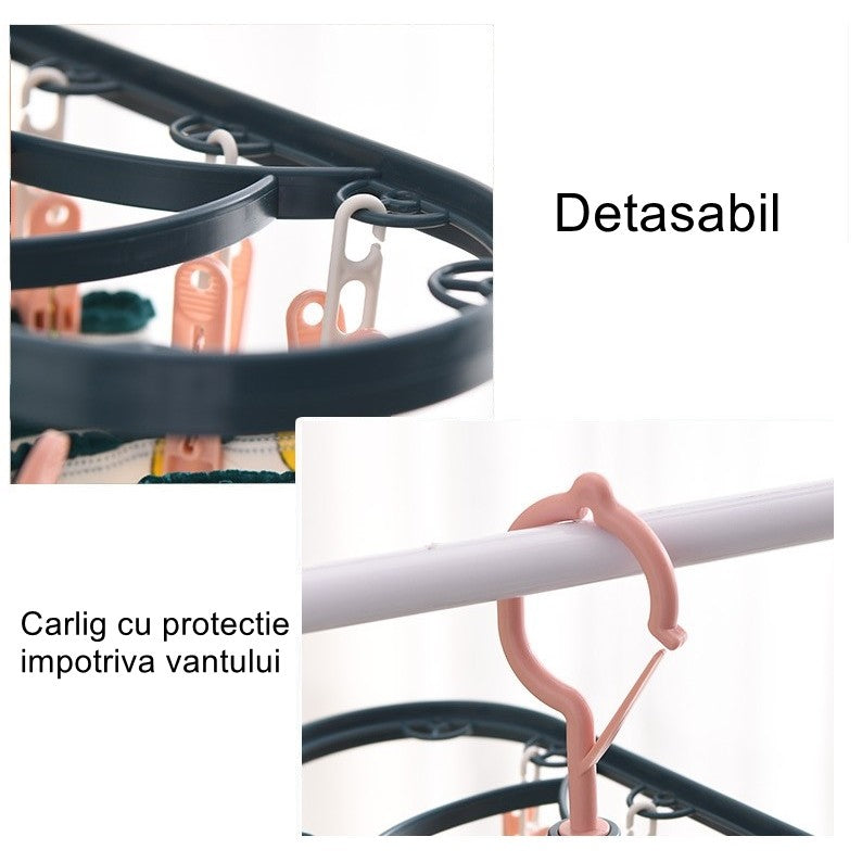 Uscator de Rufe Suspendat, Suport cu 12 Carlige, Rotire 360 Grade si Protectie Vant, Plastic Rezistent, 30 x 12.5 cm, Albastru/Roz