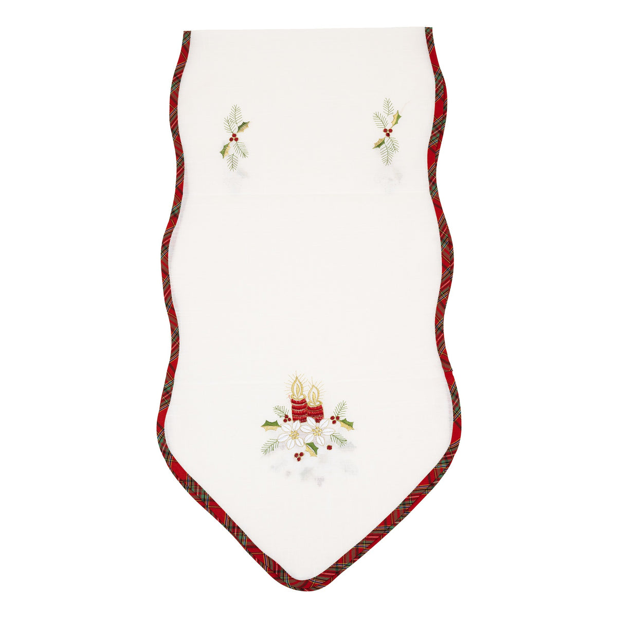 Fata de Masa Festiva de Craciun, Traverser Masa cu Motive Florale si Lumanari, Material Brodat Elegant, 180 x 40 cm, Alb