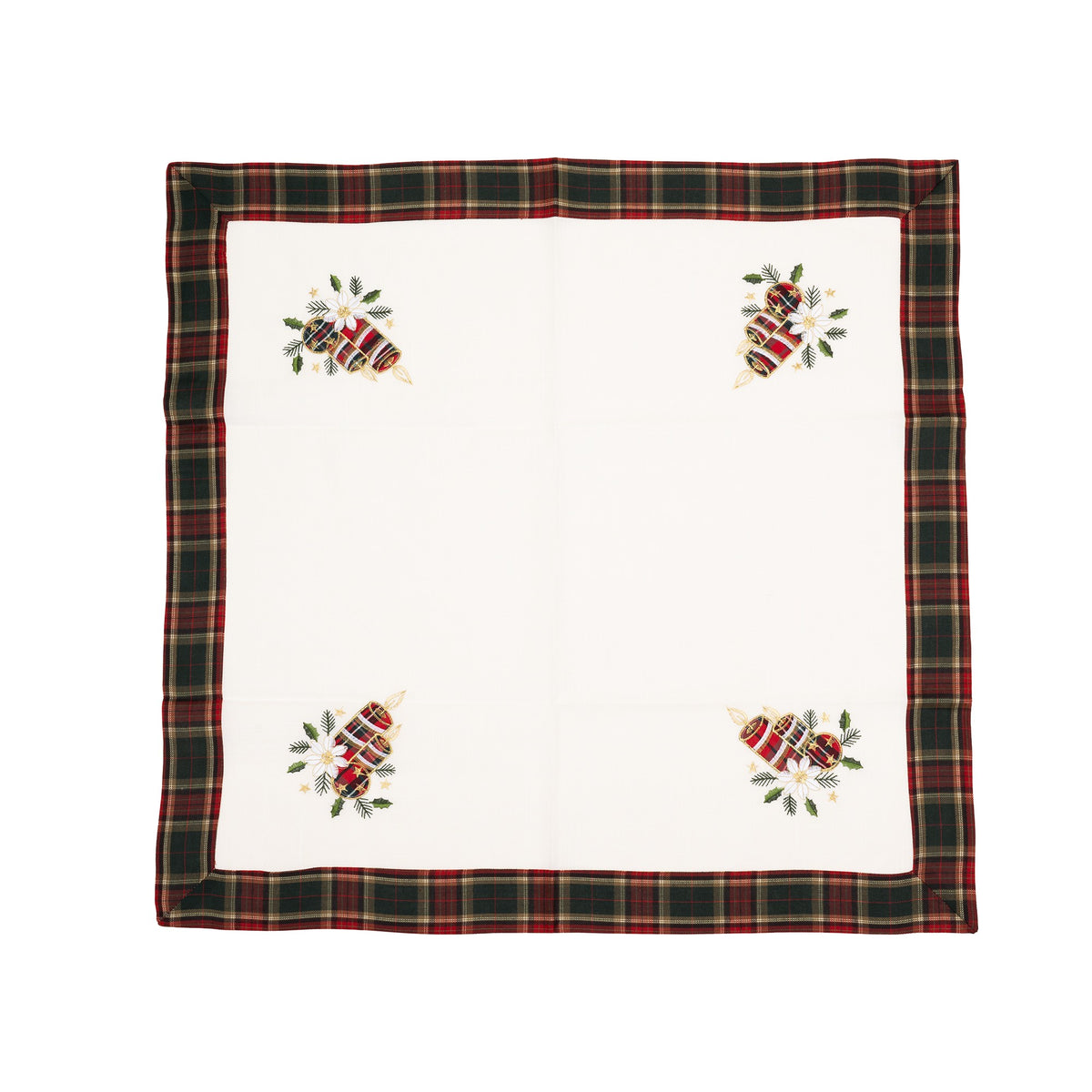 Fata de Masa Craciun, Material Brodat cu Motive Lumanari Festive, Textil Reutilizabil, Patrata, Alb, 85 x 85 cm