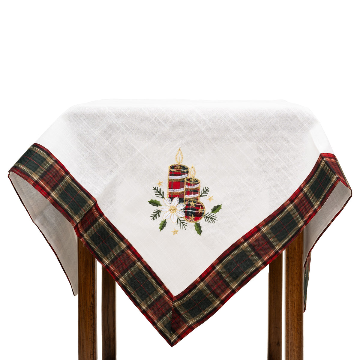 Fata de Masa Craciun, Material Brodat cu Motive Lumanari Festive, Textil Reutilizabil, Patrata, Alb, 85 x 85 cm