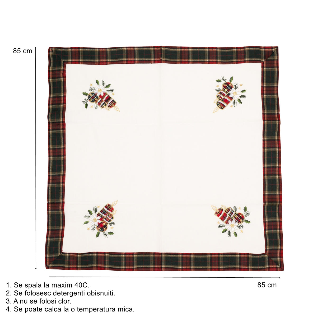 Fata de Masa Craciun, Material Brodat cu Motive Lumanari Festive, Textil Reutilizabil, Patrata, Alb, 85 x 85 cm