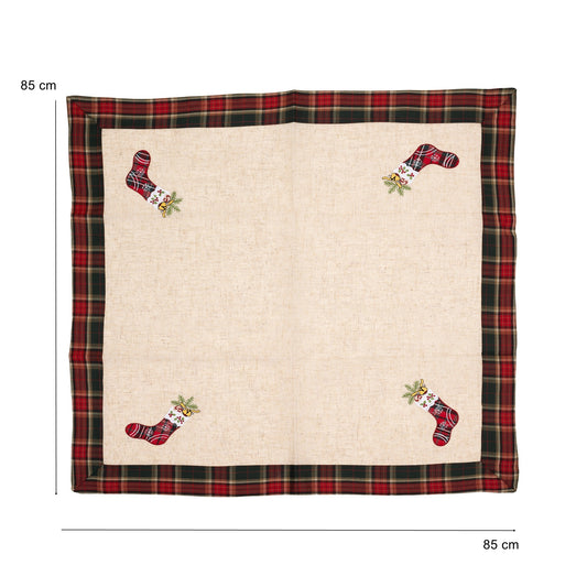 Fata de Masa Craciun, Material Brodat cu Motive Festive Ghetute, Textil Elegant pentru Masa de Iarna, Crem, 85 x 85 cm