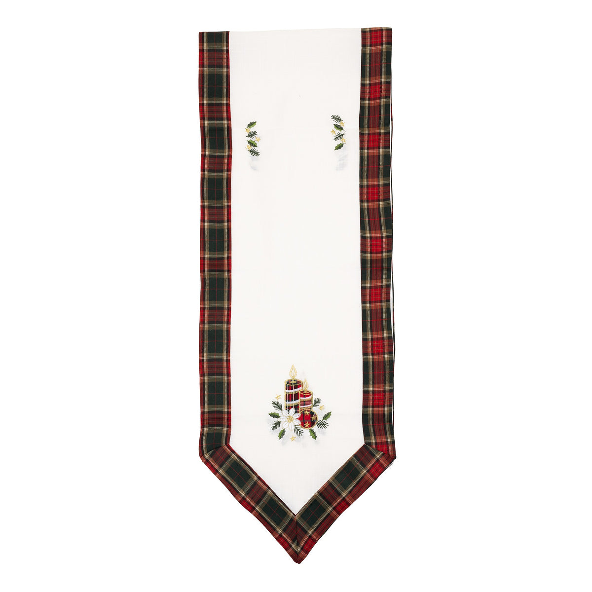 Traversă Masă Crăciun, Material Brodat cu Motive Lumânări, Design Elegant de Sărbători, Dreptunghiulară, 180 x 40 cm, Alb