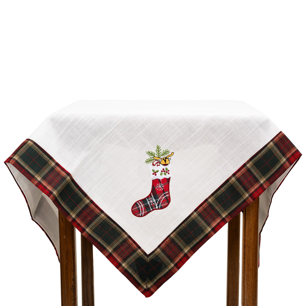 Fata de Masa Craciun, Material In Brodat cu Motive Festive Ghetute, Textil Dreptunghiular, Alb, 85 x 85 cm