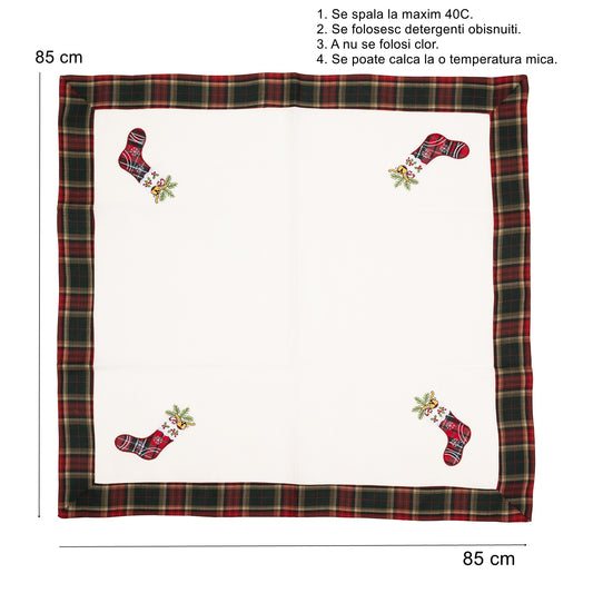 Fata de Masa Craciun, Material In Brodat cu Motive Festive Ghetute, Textil Dreptunghiular, Alb, 85 x 85 cm