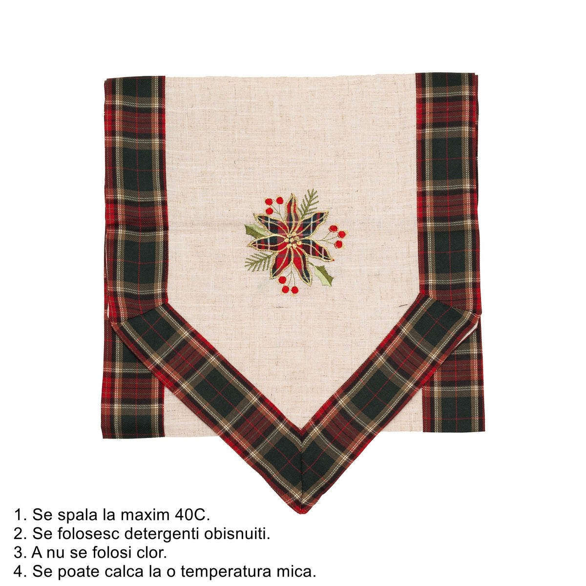 Fata de Masa Craciun, Traverse de Masa cu Motive Florale Festive, Material In Brodat, Dreptunghiulara, Crem, 180 x 40 cm