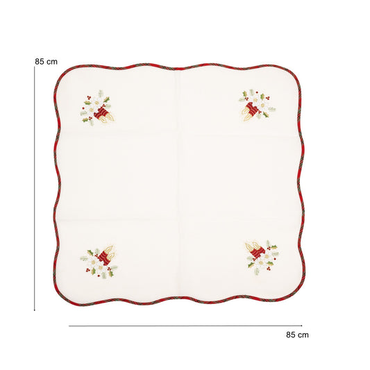 Fata de Masa Craciun cu Broderie Florala si Lumanari, Decor Festiv de Iarna, Material Textil Brodat, 85 x 85 cm, Alb
