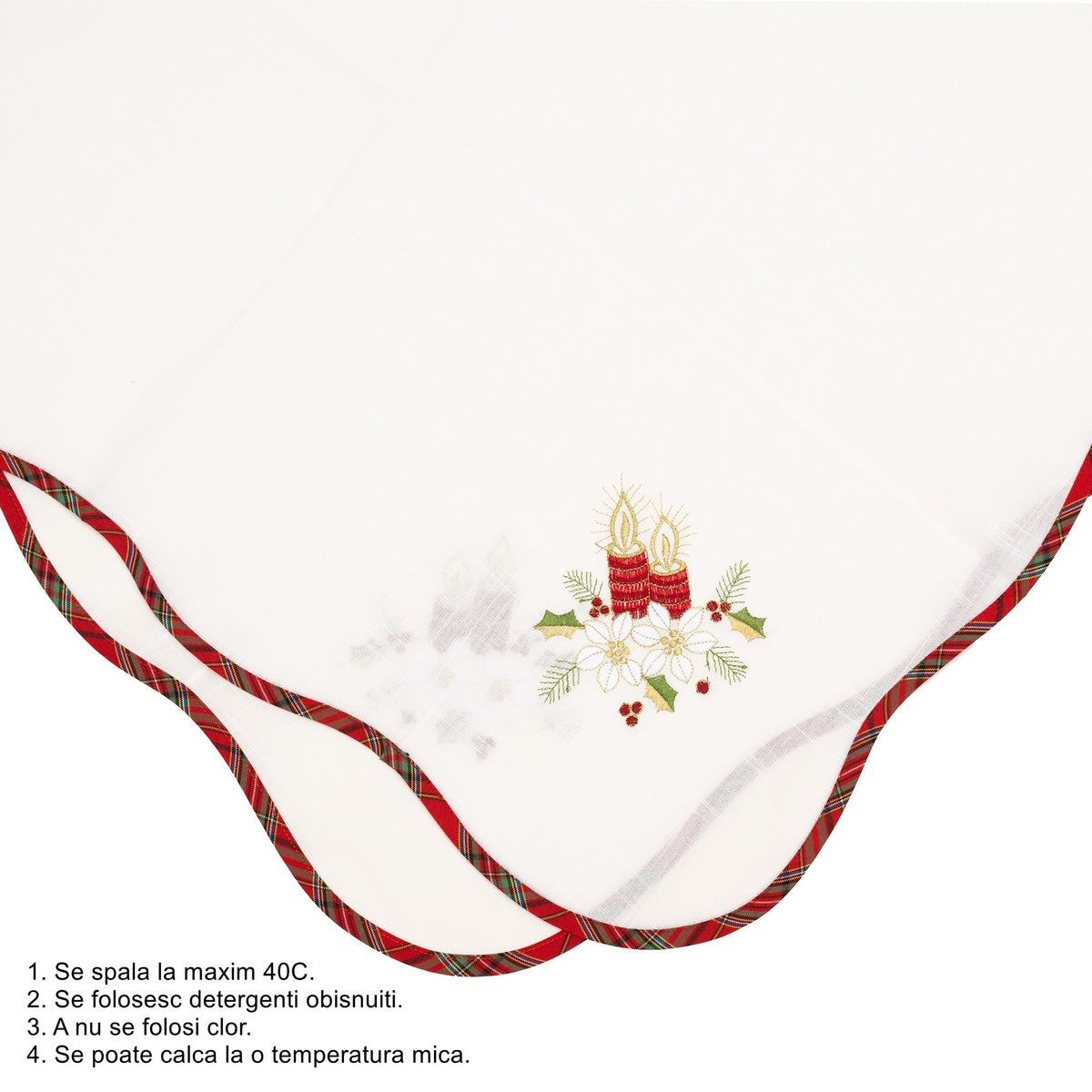 Fata de Masa Craciun cu Broderie Florala si Lumanari, Decor Festiv de Iarna, Material Textil Brodat, 85 x 85 cm, Alb