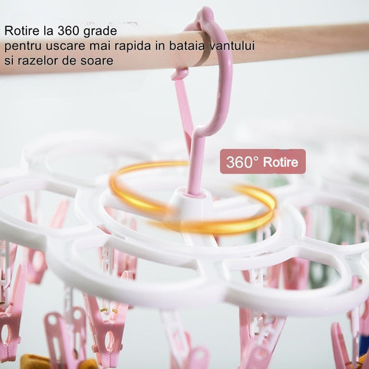 Uscator de Rufe Suspendat, Suport cu 16 Carlige si Rotire 360 Grade, Plastic Rezistent, 26 x 21 cm, Roz