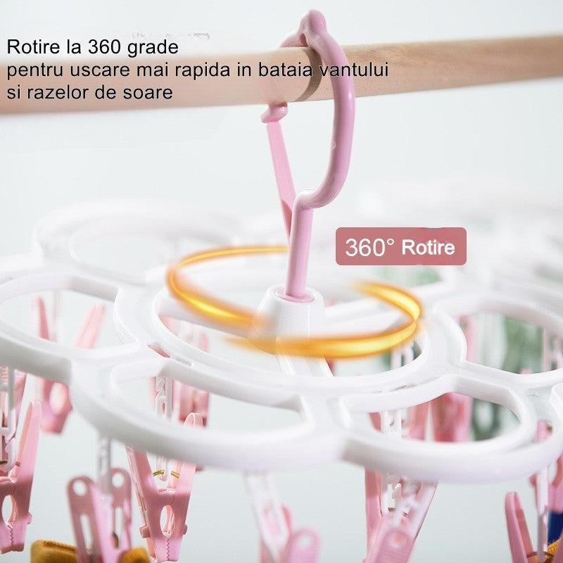 Uscator de Rufe Suspendat, Suport cu 16 Carlige si Rotire 360 Grade, Plastic Rezistent, 26 x 21 cm, Roz