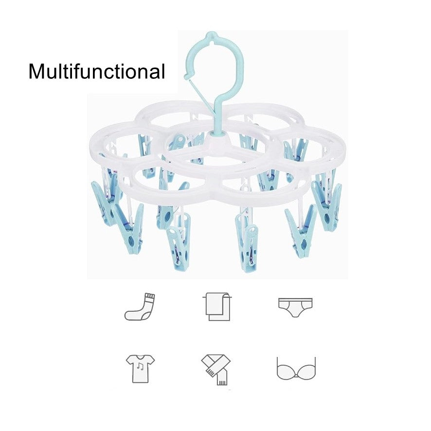 Uscator de Rufe Suspendat cu 16 Carlige, Sistem Rotativ 360 Grade, Suport Multifunctional pentru Sosete si Lenjerie, Material Plastic, 26 x 21 cm, Albastru/Roz