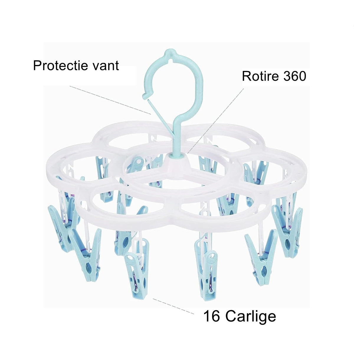 Uscator de Rufe Suspendat cu 16 Carlige, Sistem Rotativ 360 Grade, Suport Multifunctional pentru Sosete si Lenjerie, Material Plastic, 26 x 21 cm, Albastru/Roz