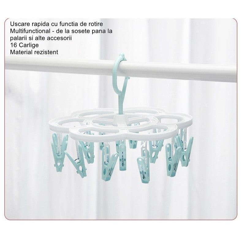 Uscator de Rufe Suspendat cu 16 Carlige, Sistem Rotativ 360 Grade, Suport Multifunctional pentru Sosete si Lenjerie, Material Plastic, 26 x 21 cm, Albastru/Roz
