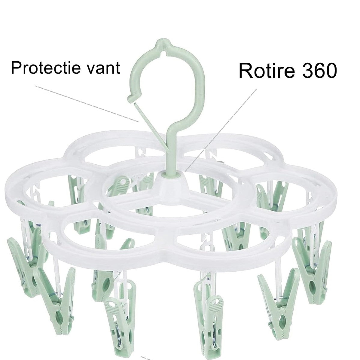 Uscator de Rufe Suspendat cu 16 Carlige, Sistem Rotativ 360 Grade, Suport Multifunctional pentru Sosete si Lenjerie, Material Plastic, 26 x 21 cm, Verde