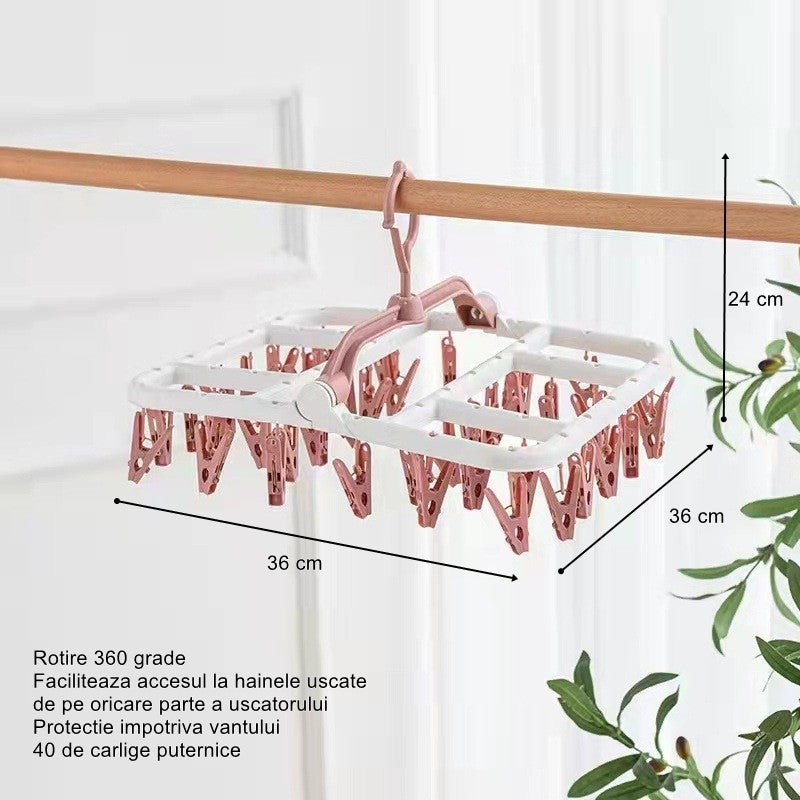 Uscator de Rufe Suspendat cu 40 Carlige, Rotire 360 Grade si Protectie Vant, Suport Pliabil pentru Sosete si Lenjerie, Material Plastic, 36 x 24 cm, Alb/Roz