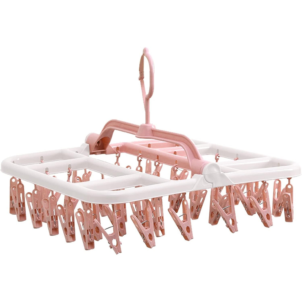 Uscator de Rufe Suspendat cu 40 Carlige, Rotire 360 Grade si Protectie Vant, Suport Pliabil pentru Sosete si Lenjerie, Material Plastic, 36 x 24 cm, Alb/Roz