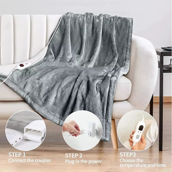 Patura Electrica Cu Incalzire Rapida, 6 Trepte De Temperatura Si Temporizator, Protectie Supraincalzire, Lavabila, Flanel Moale, 135 W, 180x130 cm, Gri