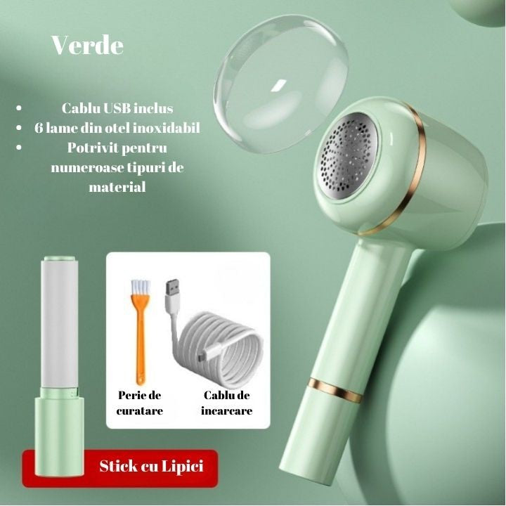 Aparat Pentru Curatat Scame, Par Si Praf, 6 Lame Din Otel Inoxidabil, Incarcare USB Type-C, Perie Curatare Si Rola Lipici Incluse, Plastic Si Metal, Verde, 220 x 86 mm