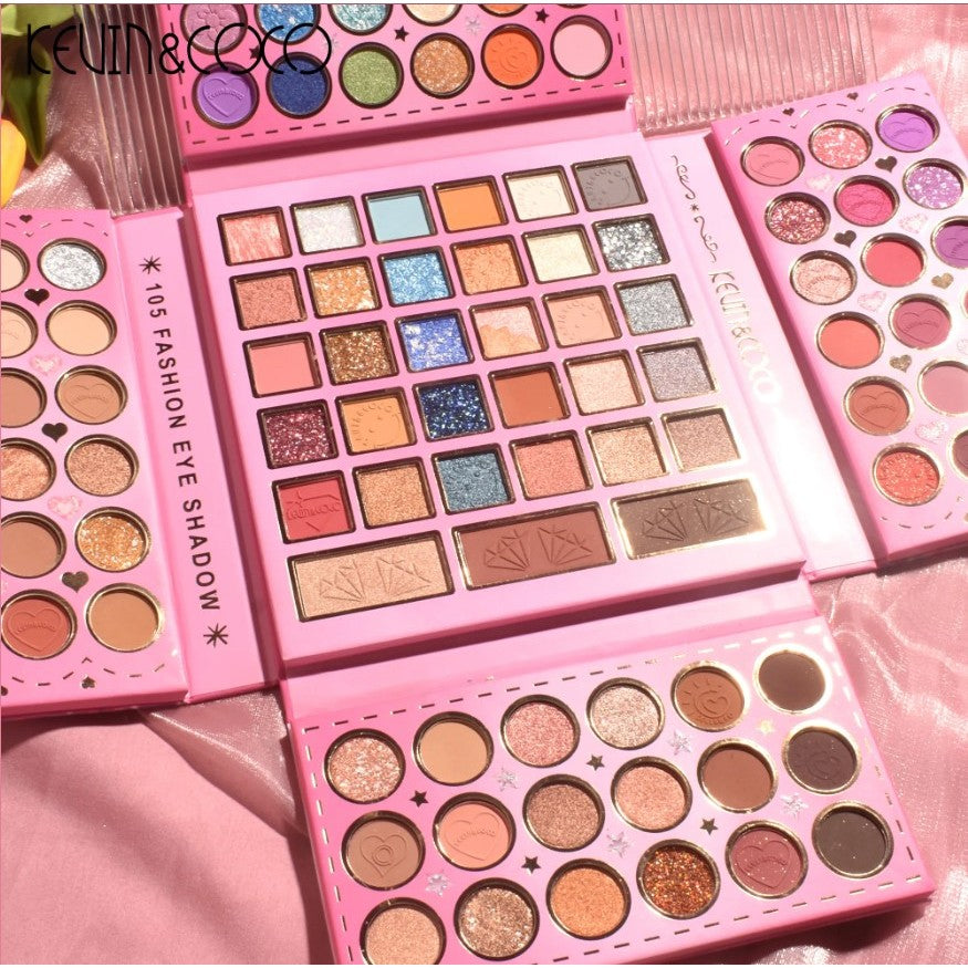 Kevin&Coco Paleta de Machiaj cu 105 Culori, Set Pliabil pentru Ochi, Conturing, Iluminator si Blush, Pudra Compacta, Multicolor, 109 g