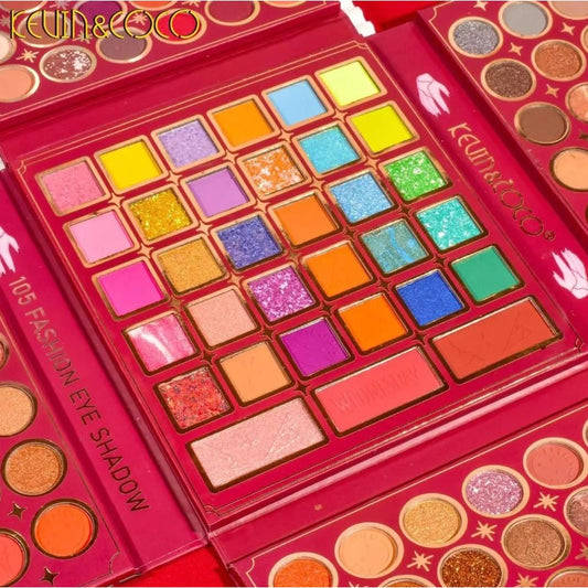 Kevin&Coco Paleta Machiaj Profesionala cu 105 Culori, Kit Complet pentru Ochi si Fata, Design Pliabil, Include Blush, Conturing si Iluminator, Pudra Compacta, Multicolor, 18.7 x 17.3 x 2.6 cm