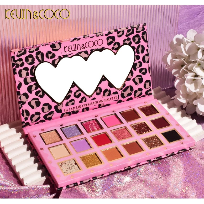 Kevin&Coco Paleta Farduri de Pleoape cu 18 Nuante Pigmentate, Imprimeu Leopard Roz si Oglinda Interioara, Design Dreptunghiular Compact, 19 x 10 cm, 180 g, Multicolor