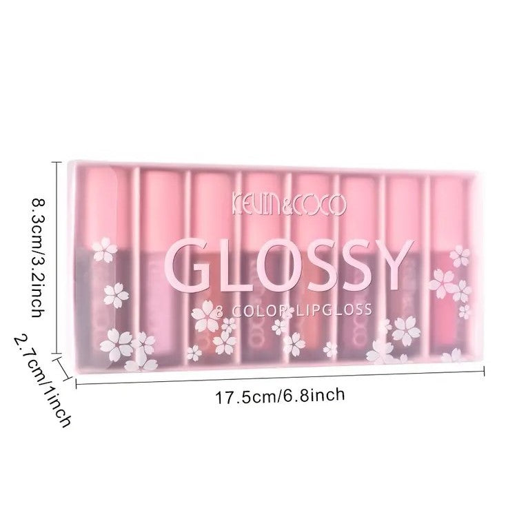 Set 8 Lip Gloss, Luciu de Buze Hidratant cu Finish Glossy, Nuanțe Rose și Nude, Cutie Dreptunghiulară pentru Transport, 181.5 g, Multicolor