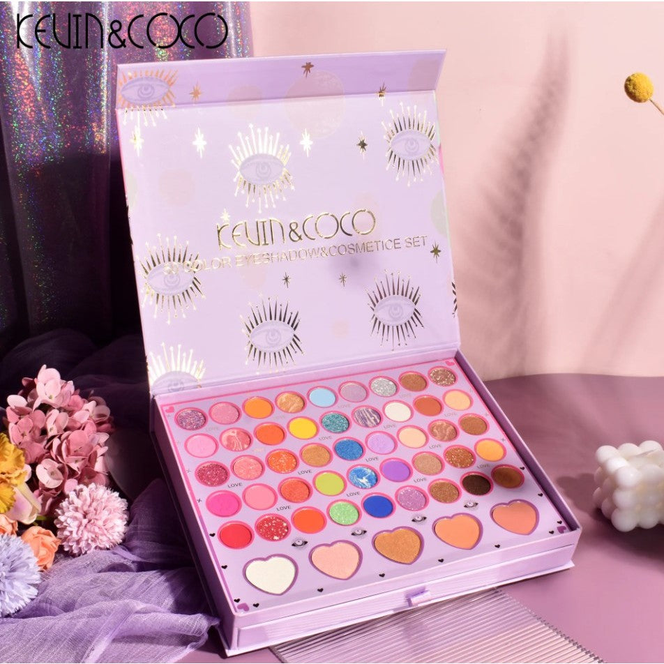 Kevin&Coco Set Machiaj 13 Piese, Paleta Farduri 50 Culori Nude si Rose, 6 Glossuri, Crema Blush, Ceara Sprancene, Cutie Patrata, Multicolor