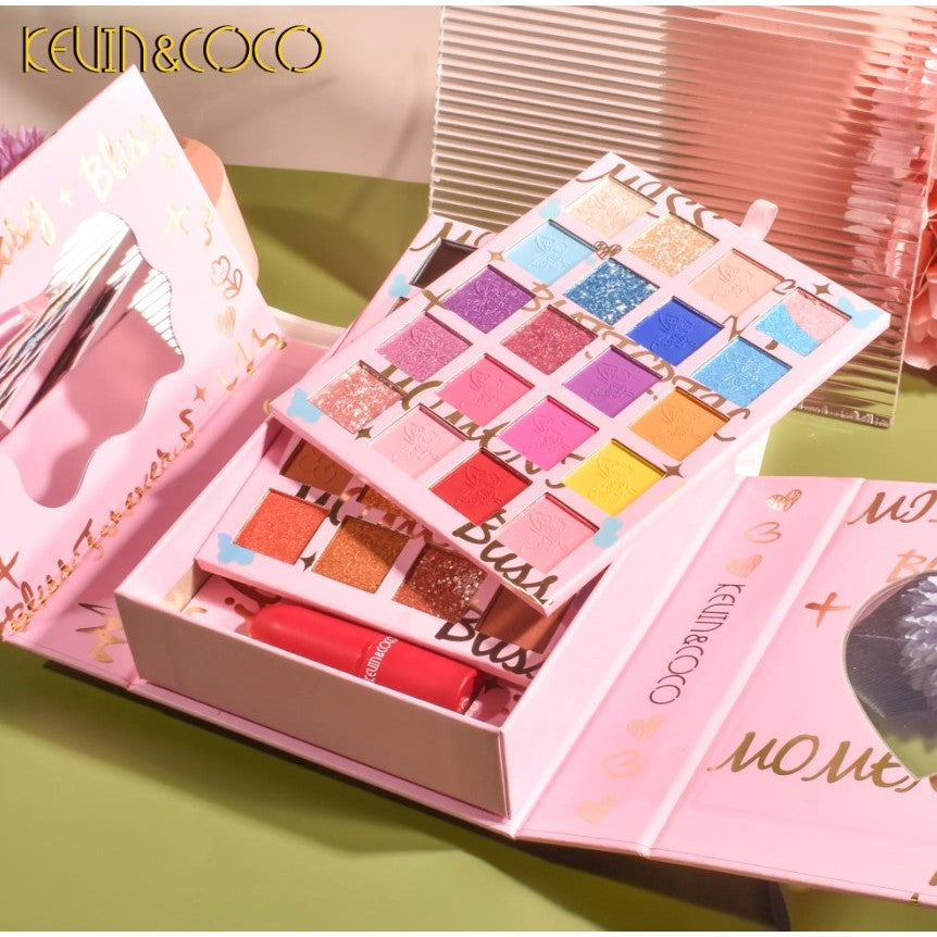 Kevin&Coco Set Cosmetice Machiaj, Paleta 40 Farduri Nude si Rose, 4 Lip Gloss, Pudra Compacta, Cutie Cadou, Fara Sulfati, Multicolor, 17 x 14 x 5 cm