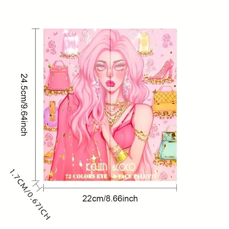 Kevin&Coco Paleta Machiaj Multifunctionala, 72 Culori Fard Pleoape, Contur, Iluminator si Blush, Design Pliabil Dreptunghiular, 22 x 24.5 cm, 490 g, Multicolor