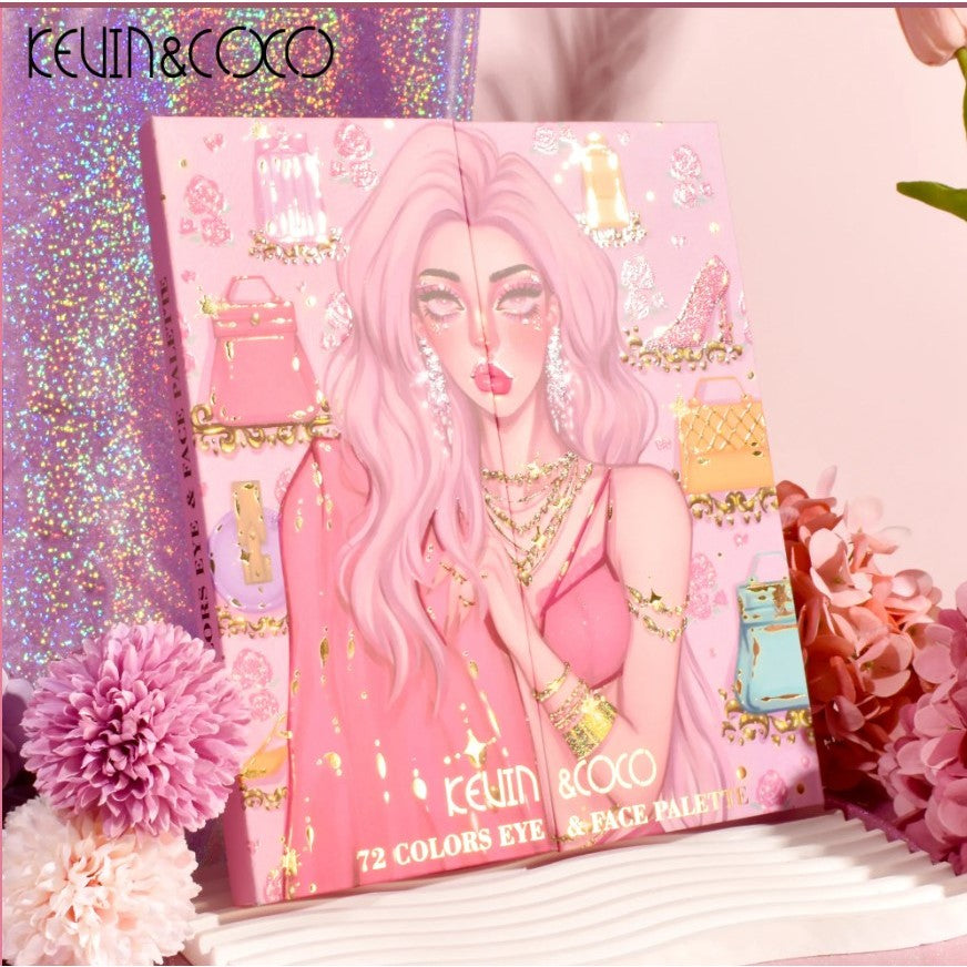 Kevin&Coco Paleta Machiaj Multifunctionala, 72 Culori Fard Pleoape, Contur, Iluminator si Blush, Design Pliabil Dreptunghiular, 22 x 24.5 cm, 490 g, Multicolor