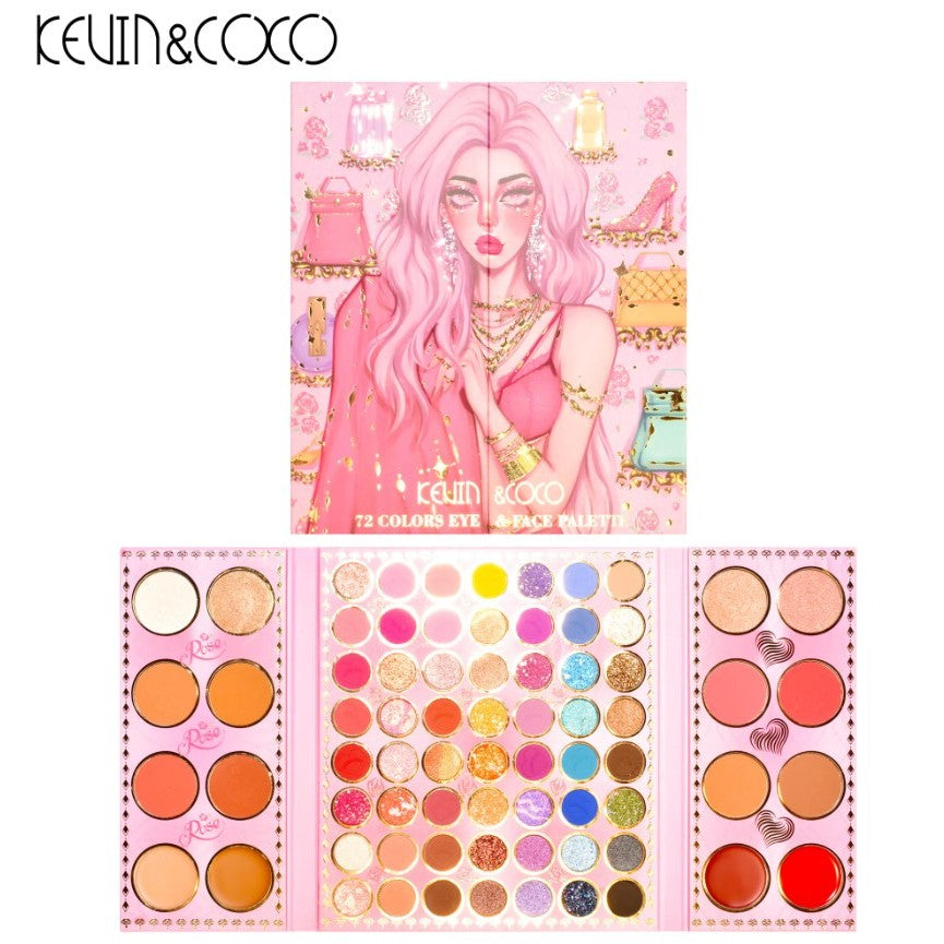 Kevin&Coco Paleta Machiaj Multifunctionala, 72 Culori Fard Pleoape, Contur, Iluminator si Blush, Design Pliabil Dreptunghiular, 22 x 24.5 cm, 490 g, Multicolor