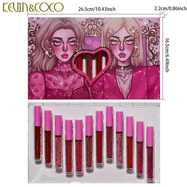 Kevin&Coco Set 12 Gloss de Buze Hidratant, Luciu de Buze cu Nuante Rosu, Roz si Nude, Cutie Eleganta pentru Cadou, Multicolor, 200 g