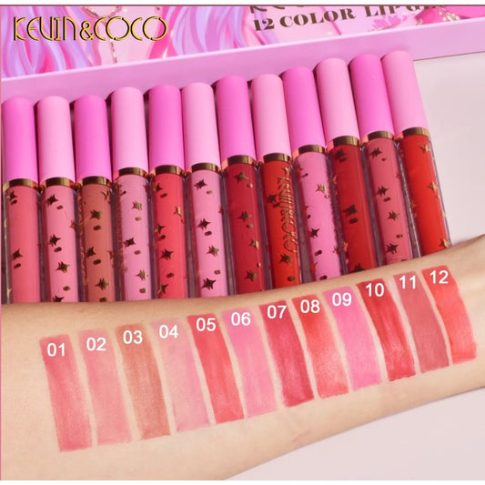 Kevin&Coco Set 12 Luciu de Buze, Lip Gloss Hidratant cu Finish Stralucitor, Nuante Rosu, Rose, Nude si Roz, Cutie Dreptunghiulara, 26.5x16.5x2.2 cm, 200 g, Multicolor