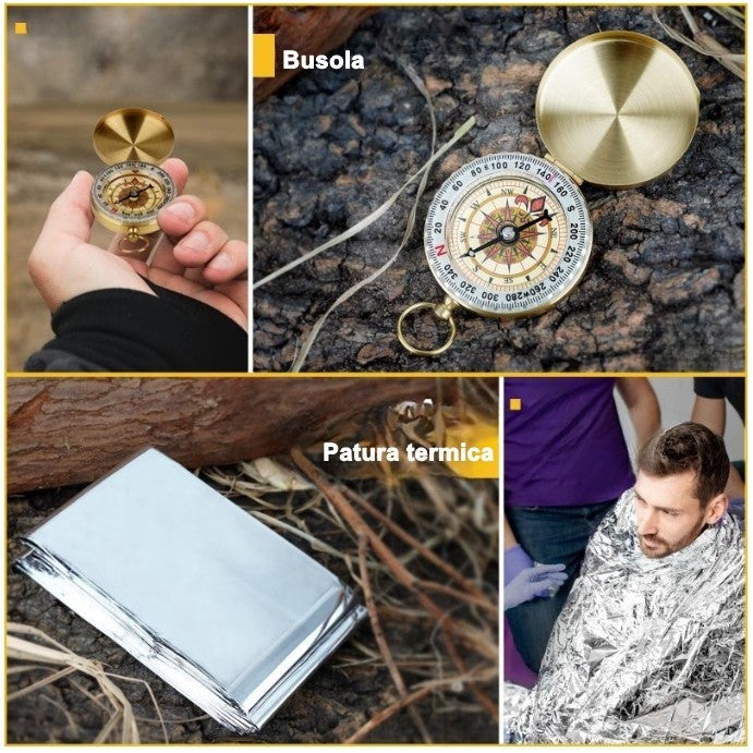 Kit Supravietuire Multifunctional, Instrumente Profesionale si Trusa de Prim-Ajutor, Agatatoare Rucsac, pentru Camping si Drumetii, Borseta Inclusa, Gri
