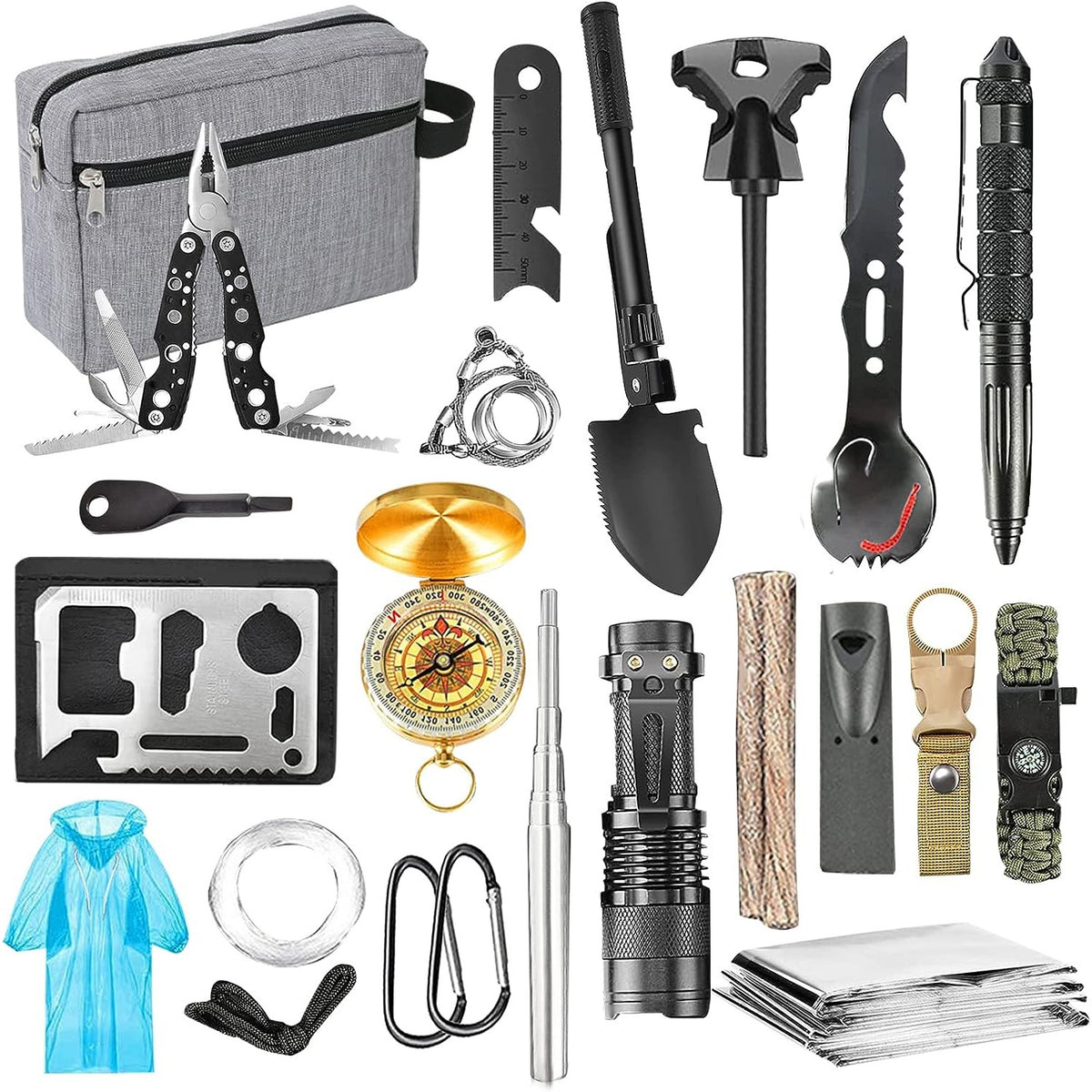 Kit Supravietuire Multifunctional, Instrumente Profesionale si Trusa de Prim-Ajutor, Agatatoare Rucsac, pentru Camping si Drumetii, Borseta Inclusa, Gri