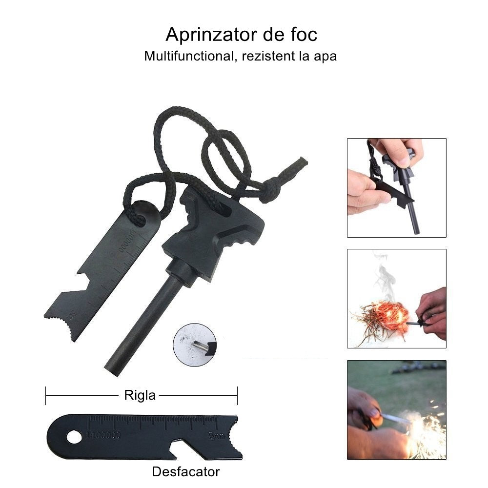 Kit Supravietuire Multifunctional, Set 42 Instrumente Profesionale si Prim Ajutor, Echipament Camping si Drumetii, Accesorii Tactice de Urgenta, Portabil, Negru