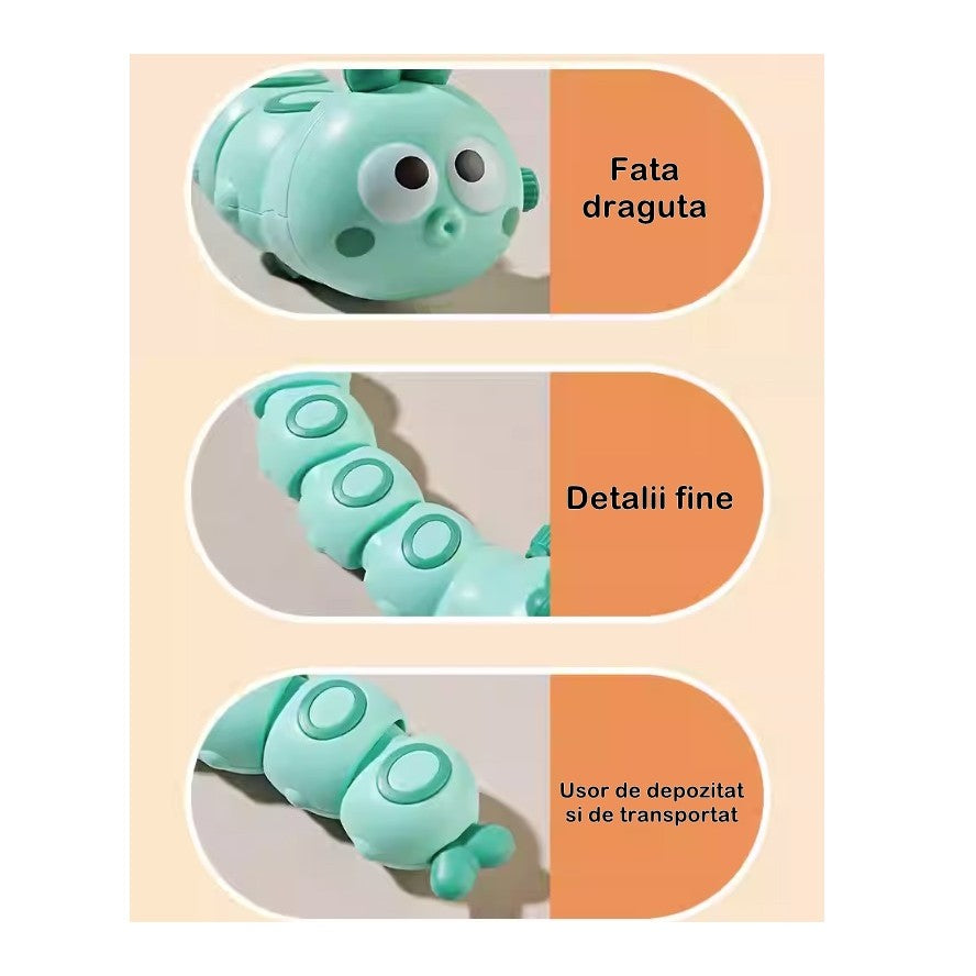 Jucarie Mecanica Omidă, Cu Cheiță Pentru Dezvoltare Motorie, Plastic, 15 x 4 cm, Verde