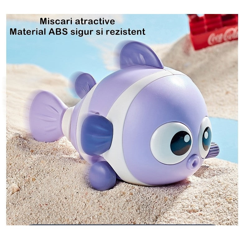 Jucarie Mecanica Pestisor, cu Cheita pentru Dezvoltarea Abilitatilor Motorii, Plastic, 11 x 9 x 7.5 cm, Mov