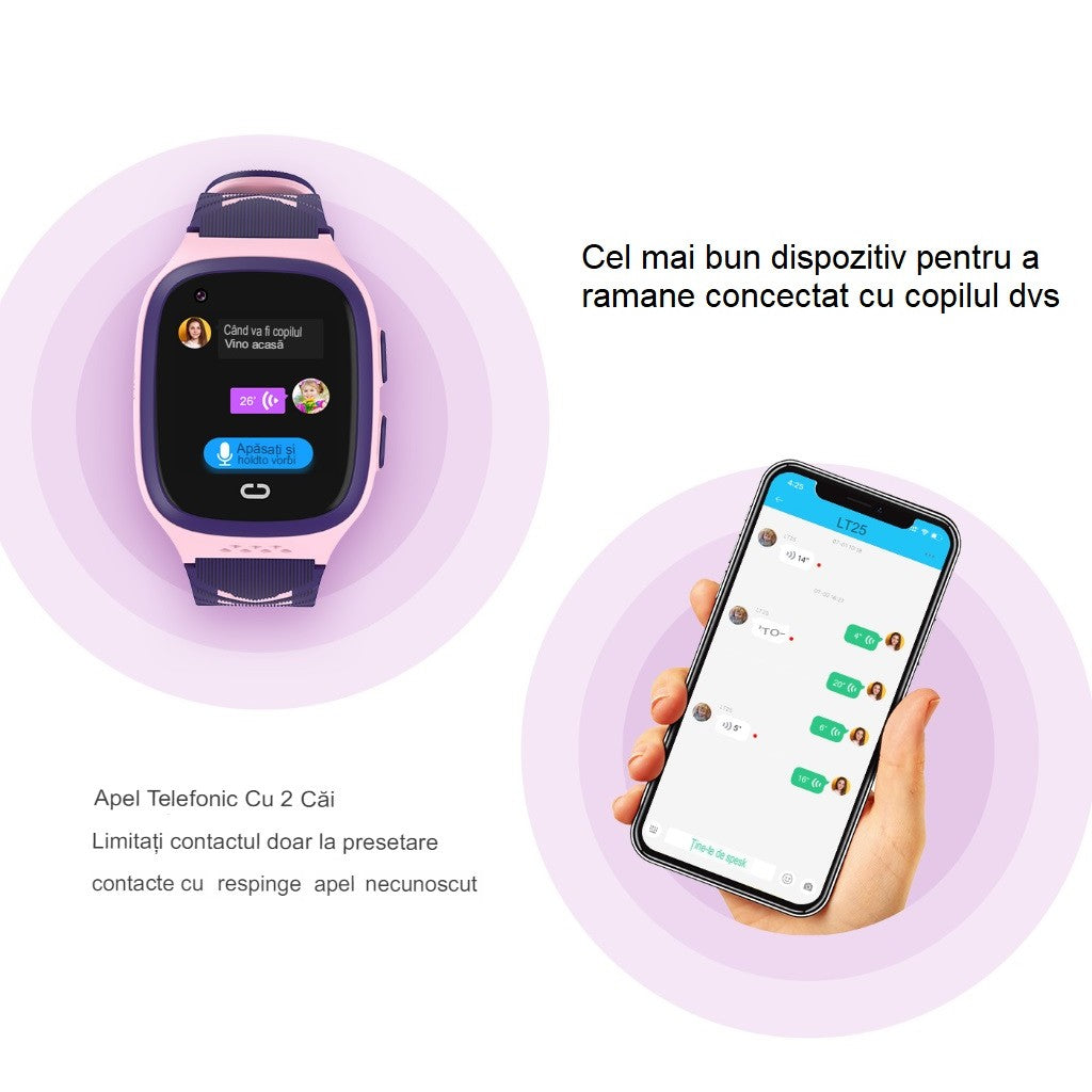 Ceas Smartwatch Pentru Copii LT31E, Tehnologie 4G, Localizare GPS, WIFI si LBS, Functie Telefon, Apel Video, Buton SOS, Monitorizare Spion, Rezistent la Apa IP67, Baterie 750 mAh, Mov/Roz