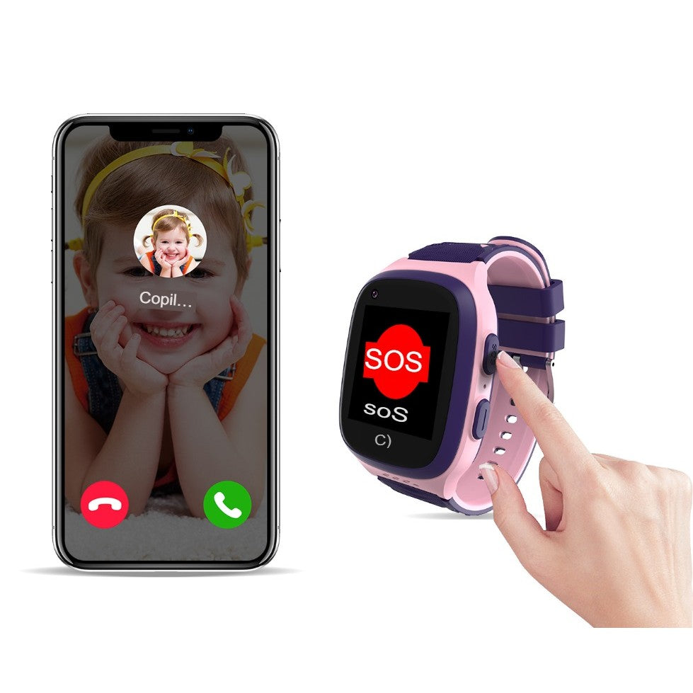Ceas Smartwatch Pentru Copii LT31E, Tehnologie 4G, Localizare GPS, WIFI si LBS, Functie Telefon, Apel Video, Buton SOS, Monitorizare Spion, Rezistent la Apa IP67, Baterie 750 mAh, Mov/Roz